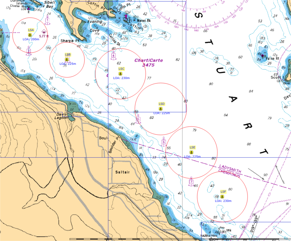 Detail of marine map showing locations of 6 anchorages along coast near Ladysmith. Freighter Free Chemainus is specifically concerned about the location of Ladysmith anchorage F on the bottom right of this map.
