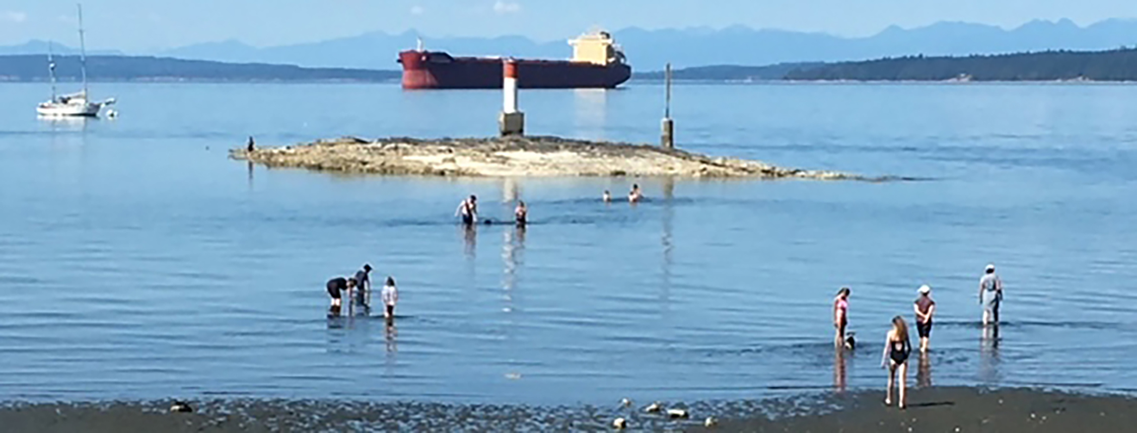 Chemainus public beach in summer with people recreating in the ocean, a reef in the middle ground, and a freighter in the nearby background, photo submitted by Freighter Free Chemainus.